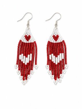 Handcrafted Red & White Beaded Fringe Earrings